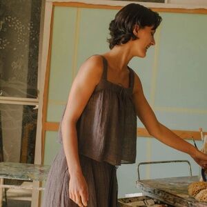 Something to Hold Wren Crinkled‎ French Linen Flax Tent Top Blouse Brown Kelp L